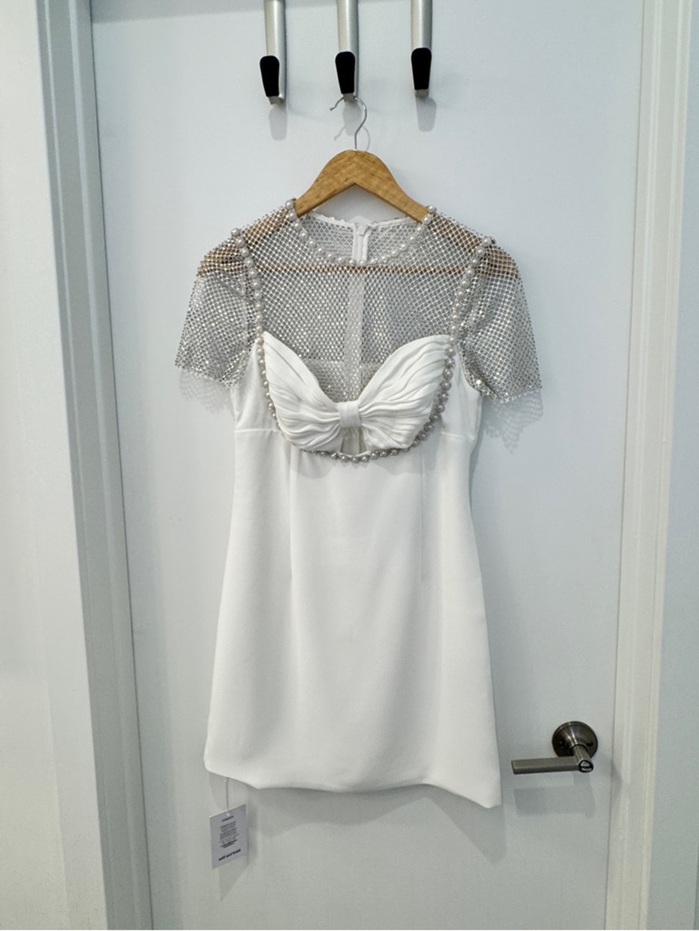 Self Portrait White Crepe Diamante Mesh Mini Dress
